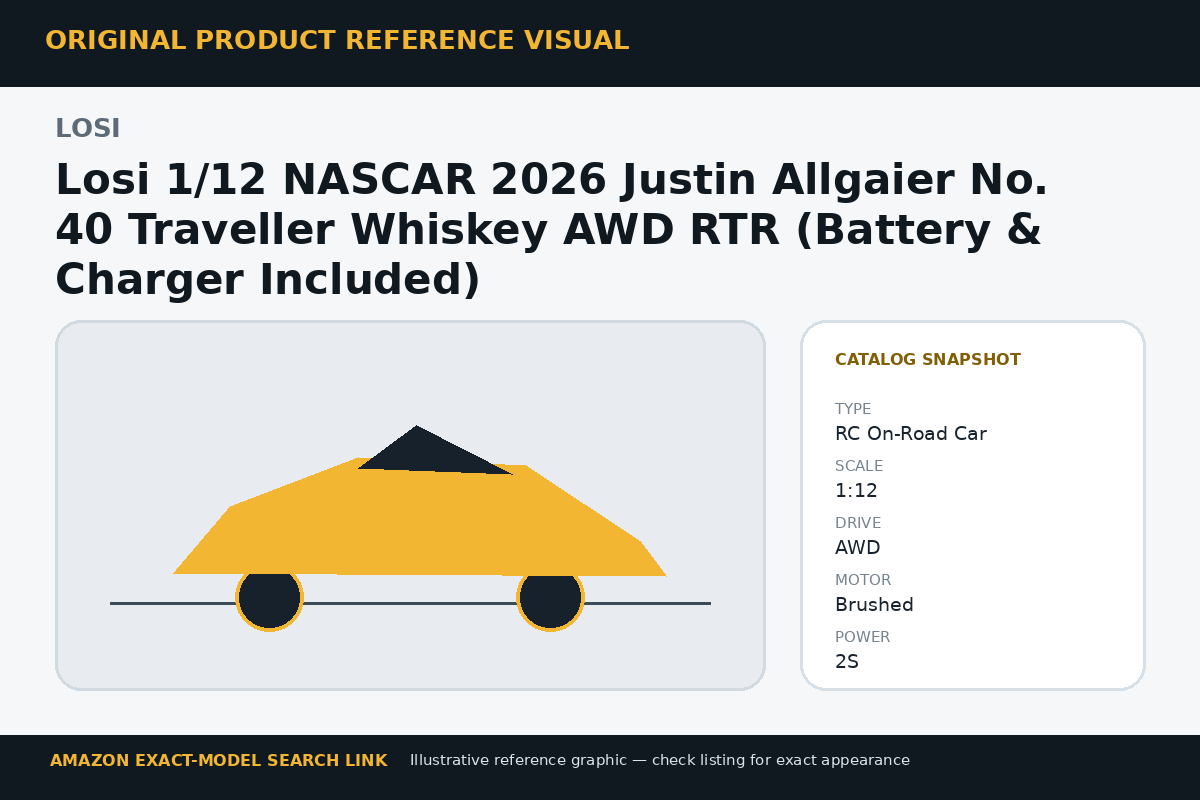 Losi 1/12 NASCAR 2026 Justin Allgaier No. 40 Traveller Whiskey AWD RTR (Battery & Charger Included) reference visual